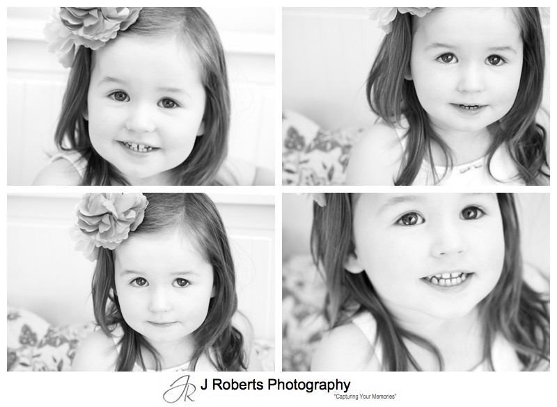 B&W series of a little girl playing on her bed - family portrait photography sydney