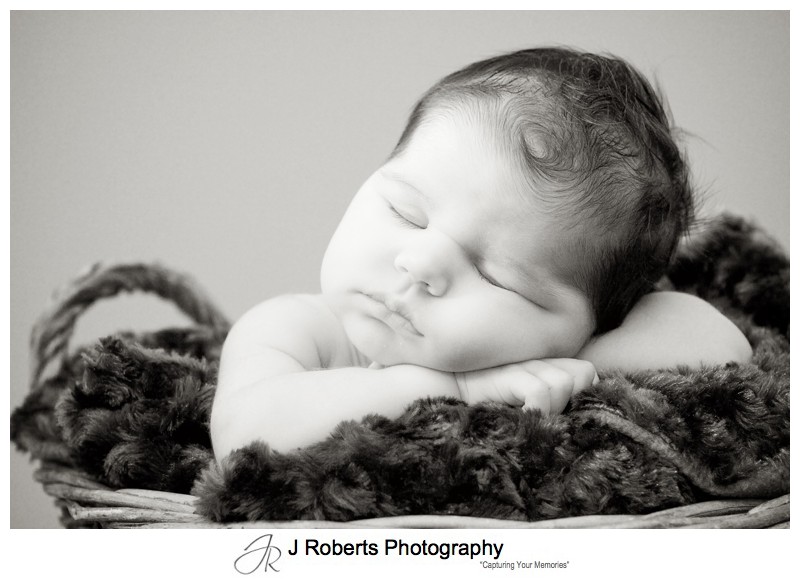 Chubby newborn baby asleep in a basket - newborn portrait photography sydney