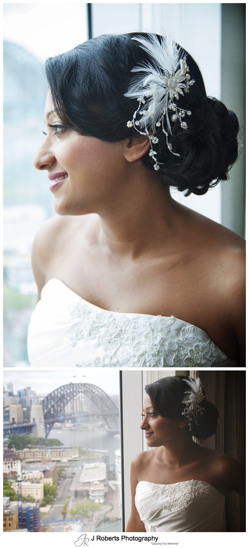 Bride looking out the window of the Sydney Harbour Marriott - wedding photography sydney