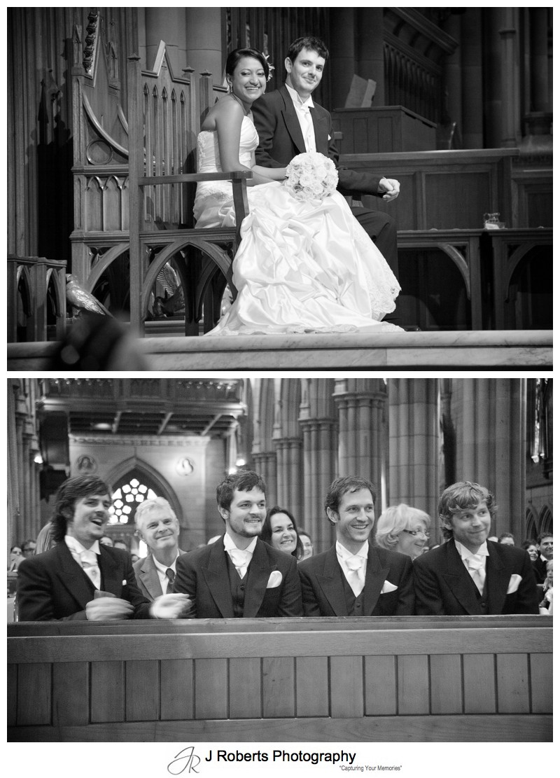 Bride and groom laughing with guests during wedding ceremony - wedding photography sydney