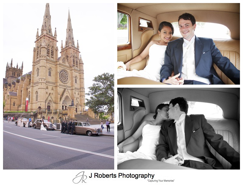 Couple getting into bridal cars outside St Mary's Cathedral - wedding photography sydney