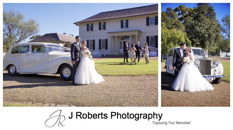 Couple with old rolls royce on the grounds of old government house = wedding photography sydney
