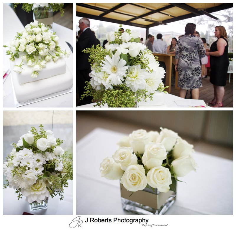 White rose flowers for wedding reception at Public Dining Room Balmoral - wedding photography sydney