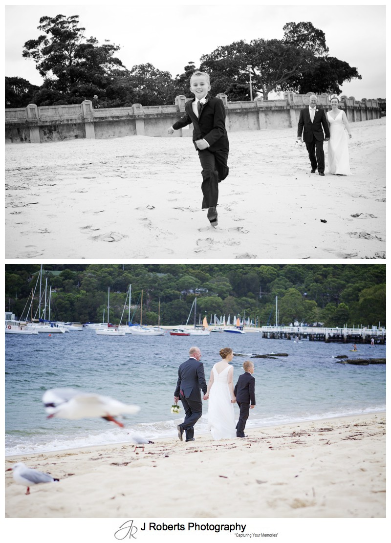 Boy running along the beach with bridal couple - wedding photography sydney