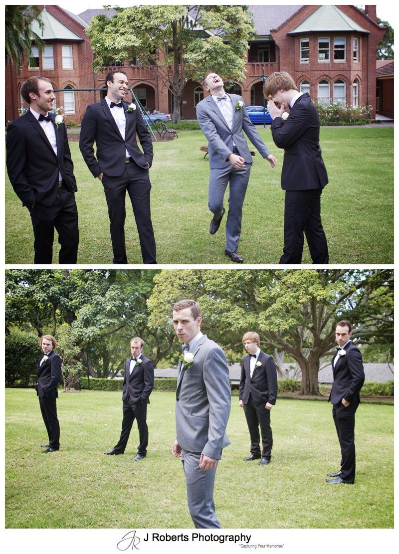 Groom mucking around with his groomsmen - wedding photography sydney