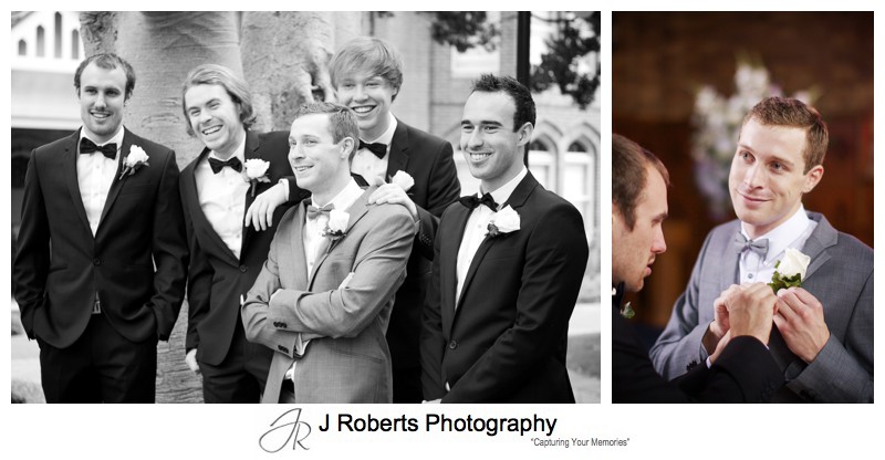 Groom laughing with groomsmen - wedding photography sydney