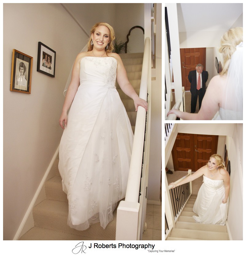 A brides arrival downstairs and her fathers first sight of his daughter - wedding photography sydney