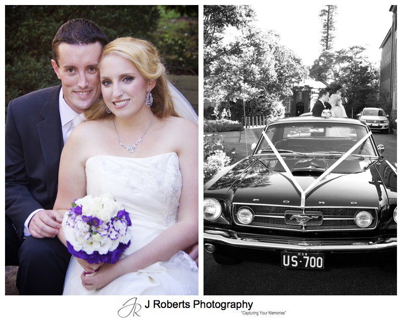 Bride and groom with mustang car - wedding photography sydney
